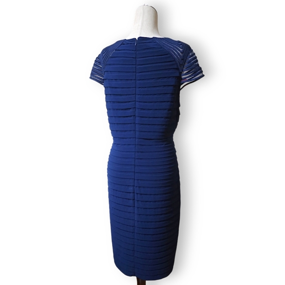Adrianna Papell Navy Blue Shutter Pleat Sheath Illusion Cocktail Party Dress, 16 - Picture 7 of 14
